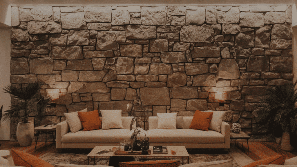 image features a cozy living room with a striking stone wall illuminated by soft lighting