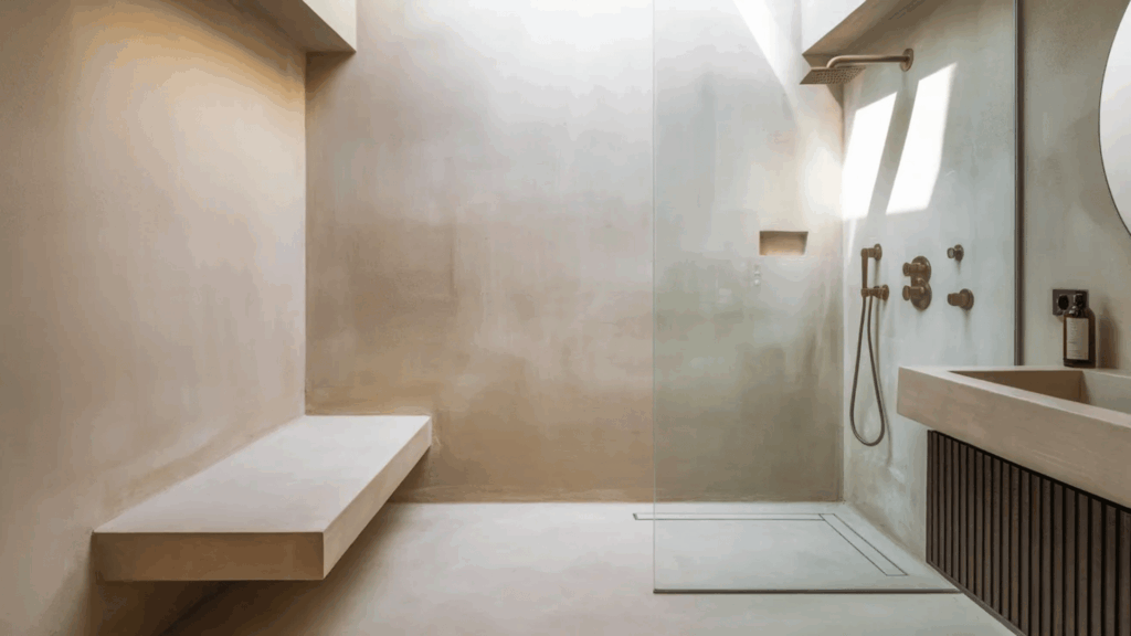 image features a minimalist bathroom with a neutral color palette, showcasing a sleek shower area with a built-in bench and modern fixtures.