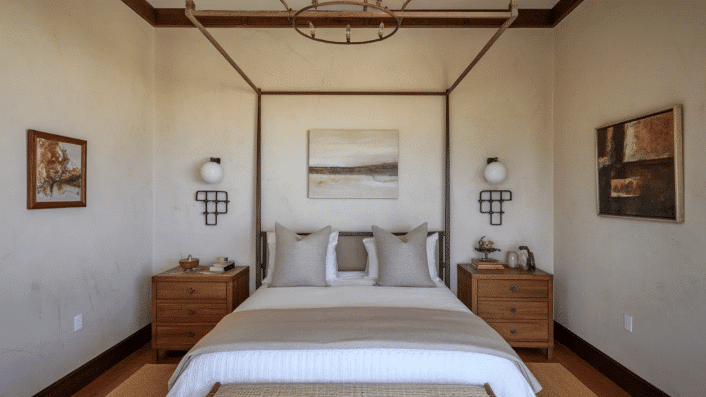 image features a minimalistic bedroom with a modern canopy bed, accent lighting, and neutral-toned furnishings.