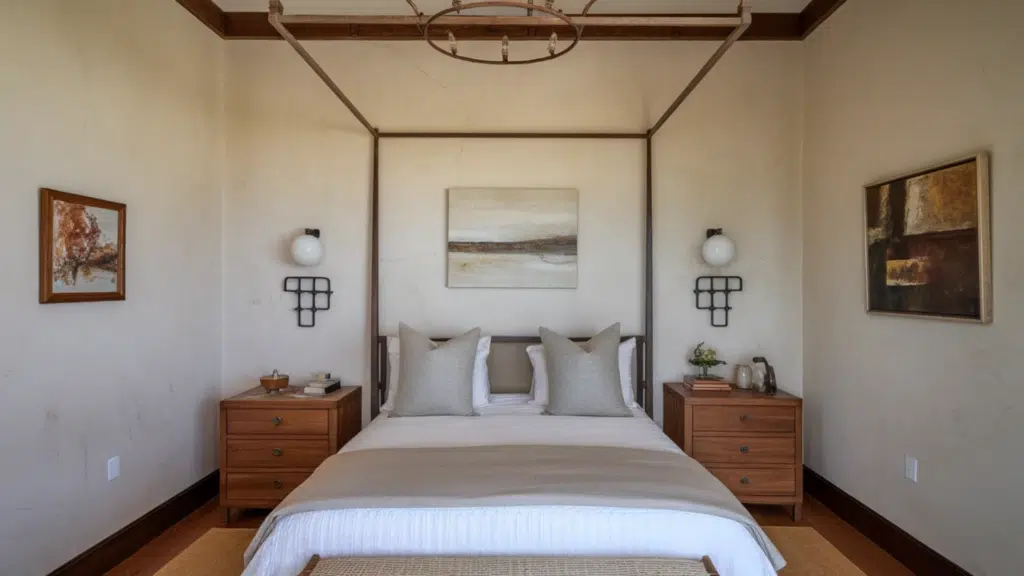 image features a minimalistic bedroom with a modern canopy bed, accent lighting, and neutral-toned furnishings.
