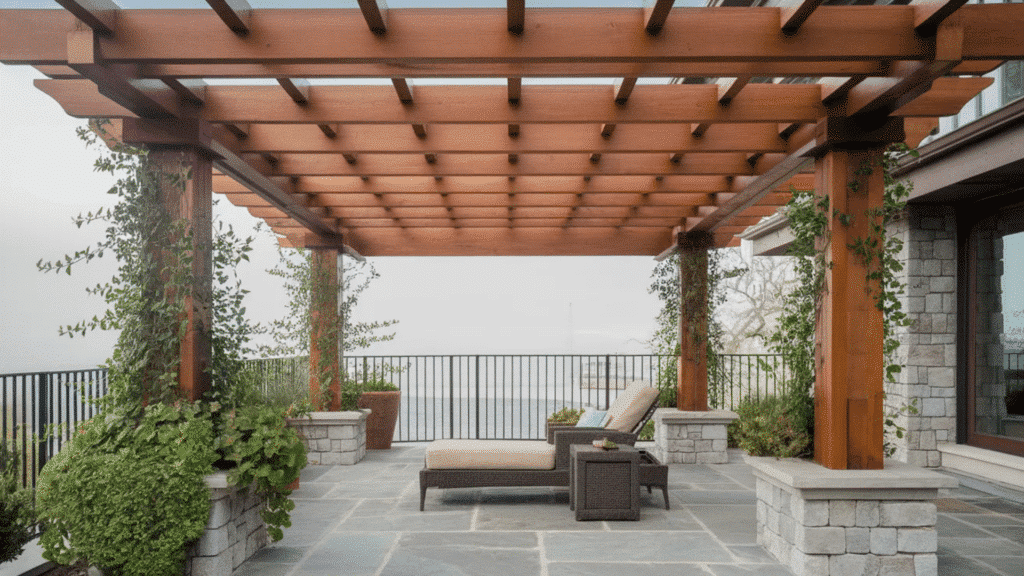 image features a relaxing outdoor area with a wooden pergola supported by stone columns, surrounded by lush greenery