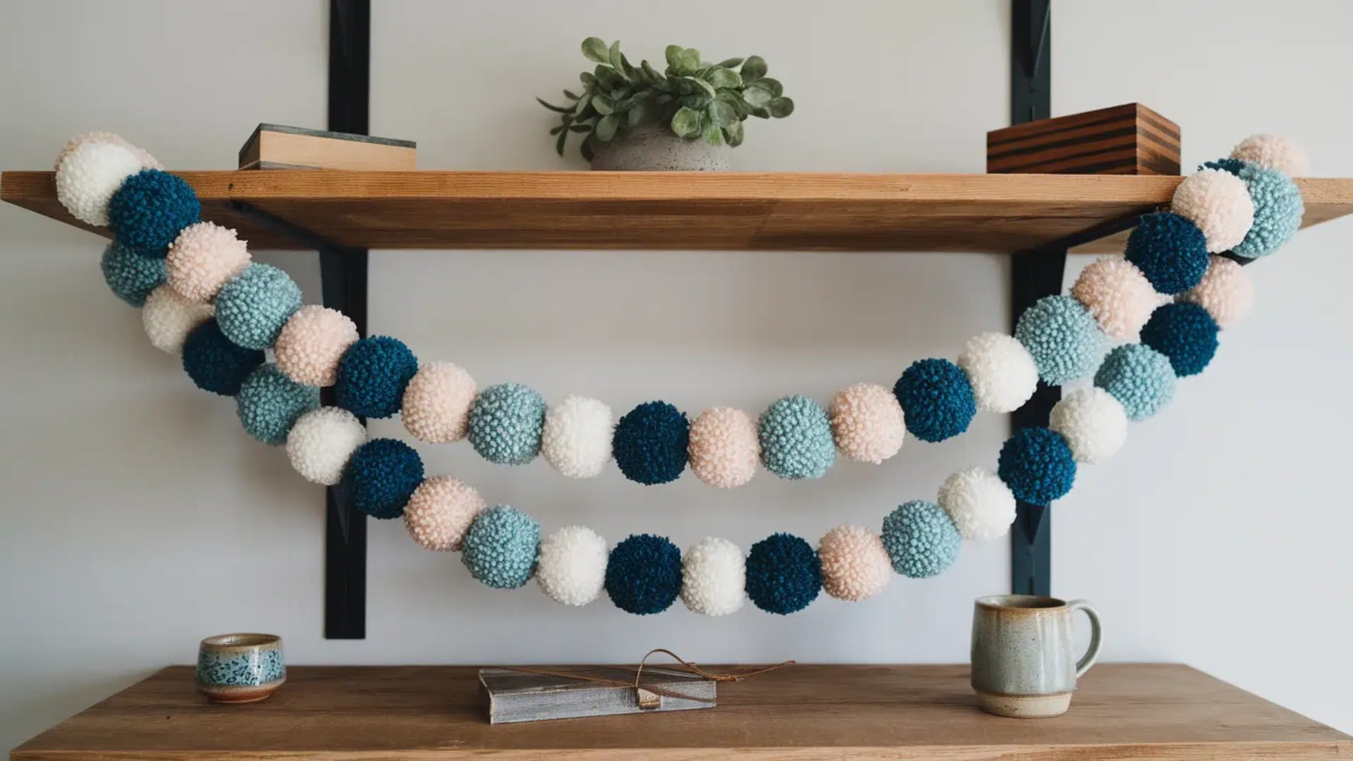 image features a shelf with a cozy and charming display. A string of colorful pom-pom garland in shades of teal, navy blue, pale pink, and white drapes across the shelf.