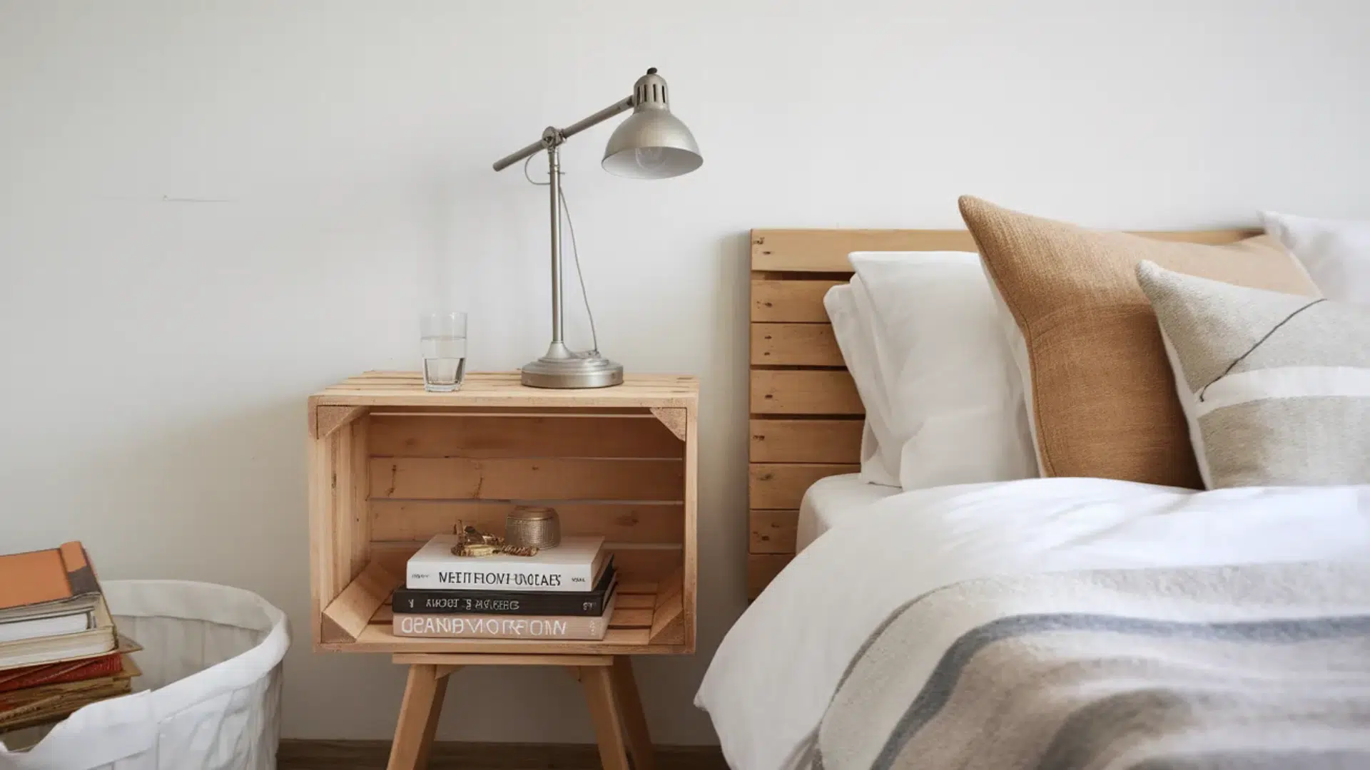 image features a simple yet stylish bedroom with a wooden bed frame and neutral-colored linens. The bedside table, made of natural wood, is paired with a metal desk lamp and neatly stacked books