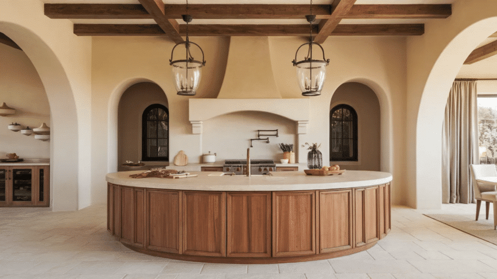 image features a stunning kitchen with a large, circular kitchen island made of light-colored stone. The surrounding cabinetry is warm-toned wood, offering a rustic yet modern vibe