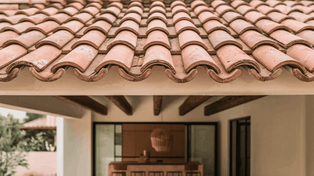 image showcases a close-up view of a terracotta tile roof with a distinctive curved design.