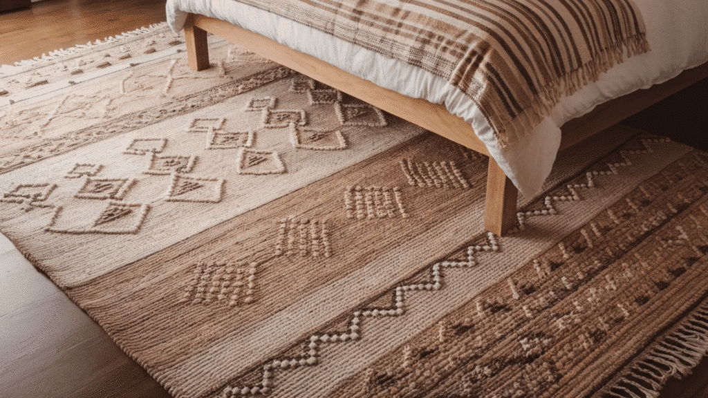 image showcases a cozy bedroom featuring a beautifully patterned rug in neutral tones of beige and brown, with intricate geometric designs.