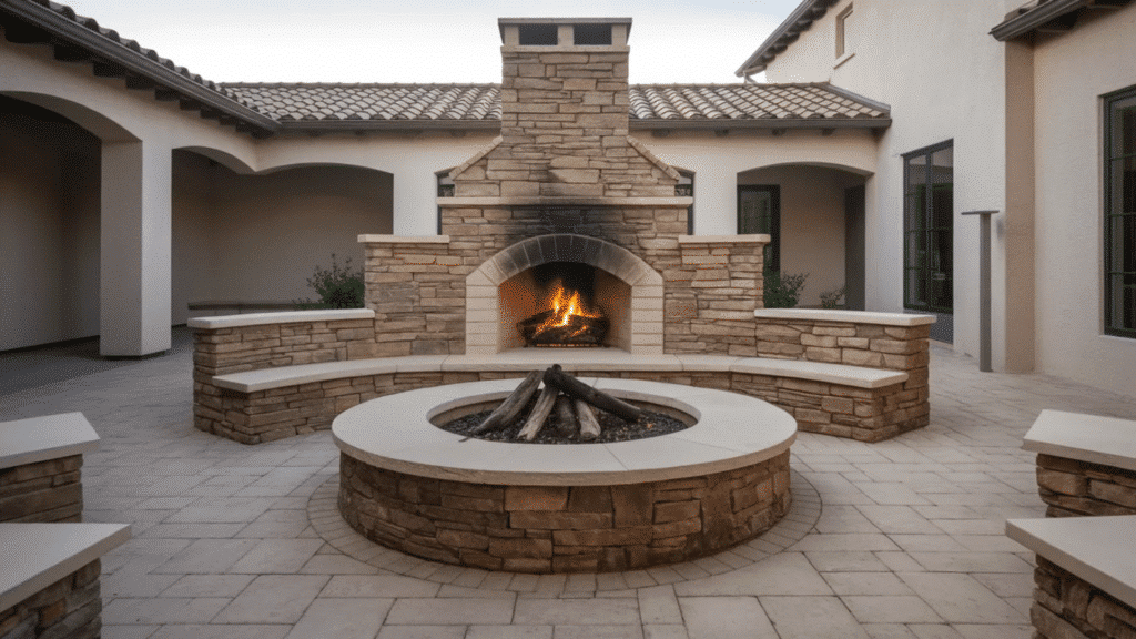 image showcases a cozy outdoor patio with a stone fire pit, surrounded by curved stone seating