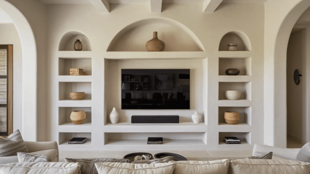 image showcases a living room with a TV embedded in a smooth wall niche, complemented by arched shelves displaying decorative items like vases and baskets