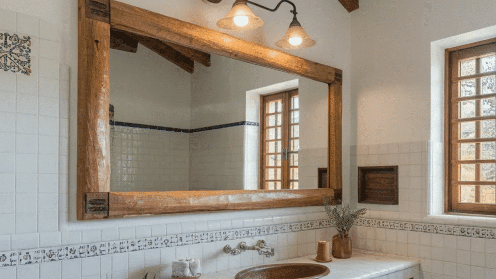 image showcases a stylish bathroom with a rustic design, featuring a wooden vanity, vintage lighting, and a large mirror, all framed with natural stone tiles