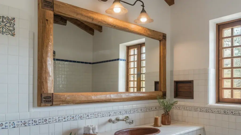 image showcases a stylish bathroom with a rustic design, featuring a wooden vanity, vintage lighting, and a large mirror, all framed with natural stone tiles
