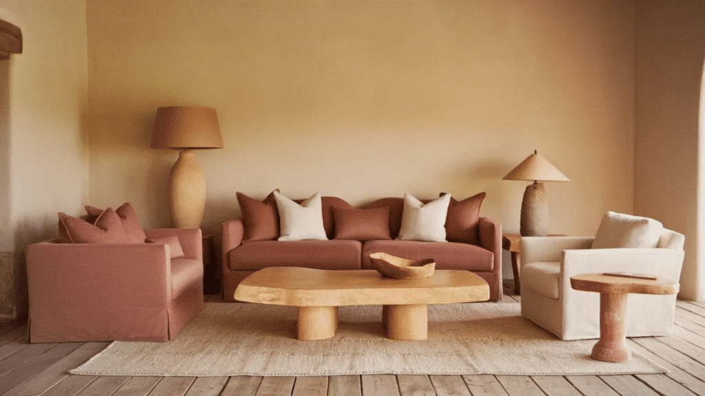 image showcases a warm and inviting living room with earthy tones, featuring a cozy sofa and armchairs with matching pillows.