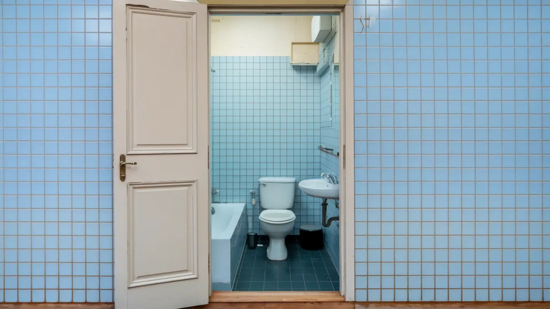 image shows a bathroom with light blue square tiles covering the walls. There's a door leading into the bathroom, which includes a bathtub, toilet, and sink.