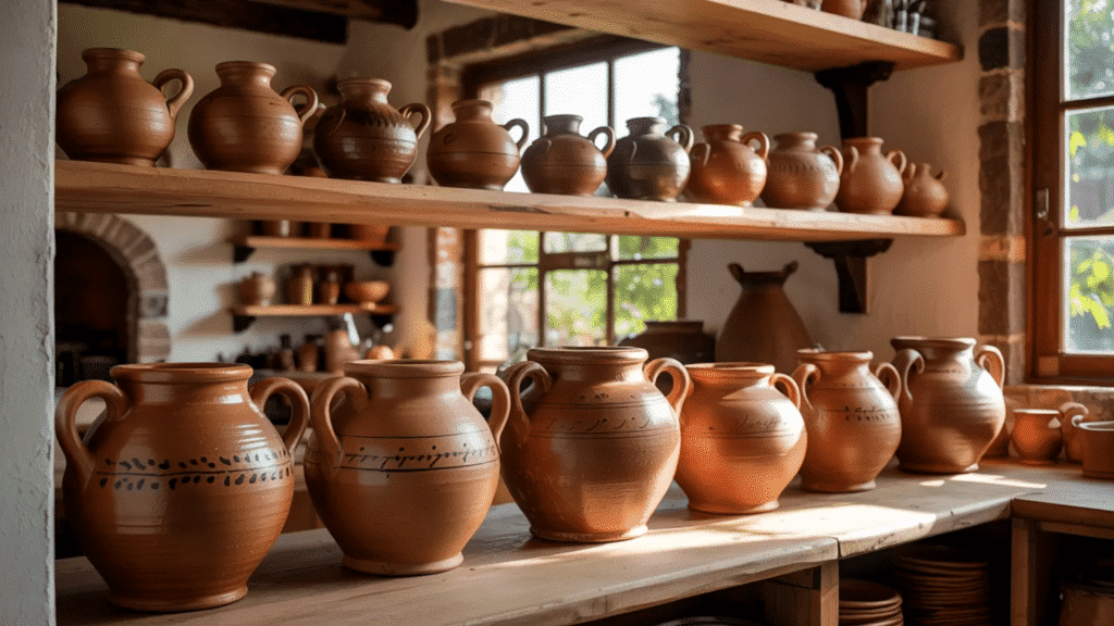 image shows a beautiful display of handmade clay pots arranged neatly on wooden shelves in a rustic setting