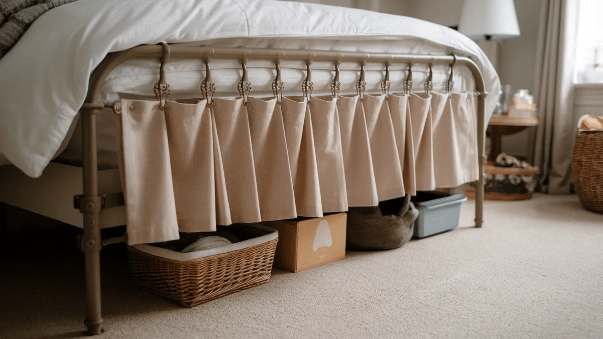 image shows a cozy bedroom with a bed featuring a neutral-colored bed skirt hanging from hooks