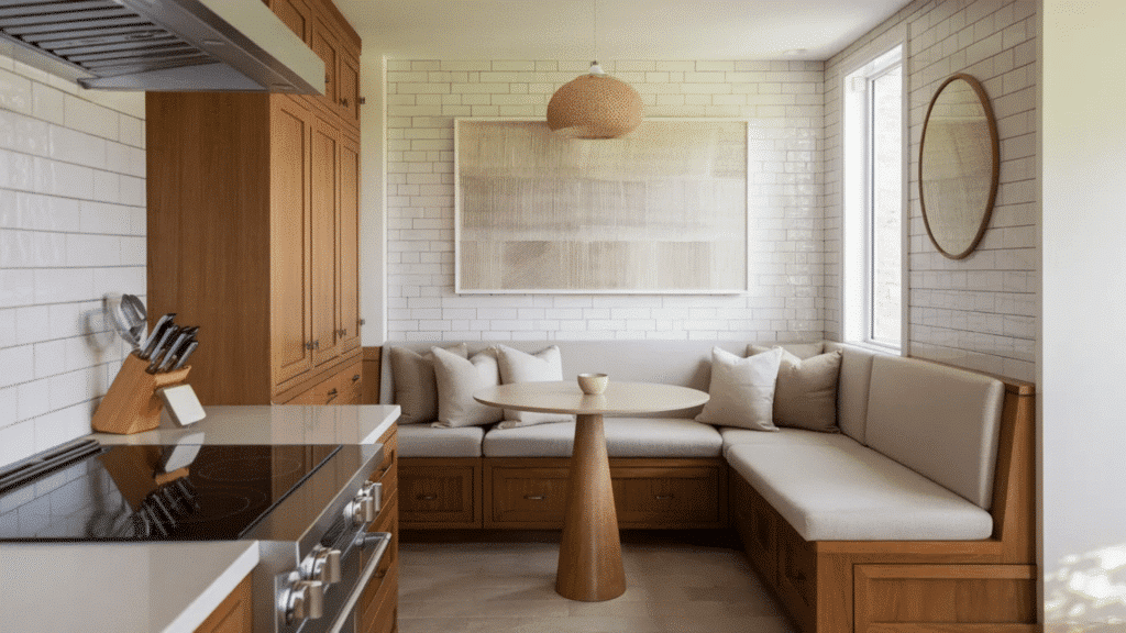 image shows a cozy kitchen nook with a modern wooden table, comfortable bench seating with pillows, and minimalist décor, offering a relaxed dining space.