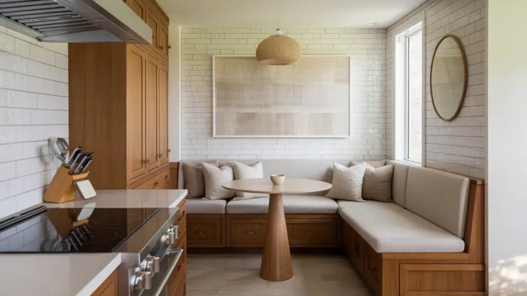 image shows a cozy kitchen nook with a modern wooden table, comfortable bench seating with pillows, and minimalist décor, offering a relaxed dining space.