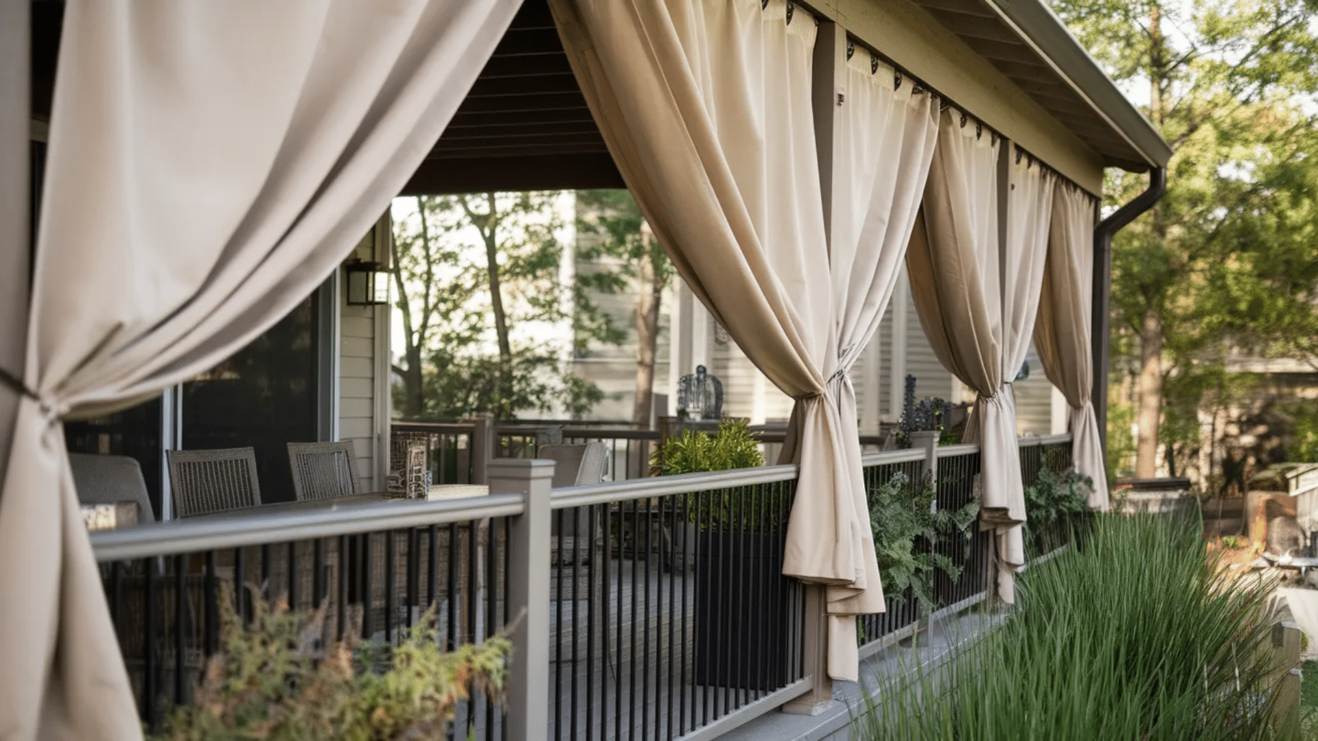 image shows a deck or patio area enclosed with beige curtains hanging from the ceiling, creating a cozy and private outdoor space