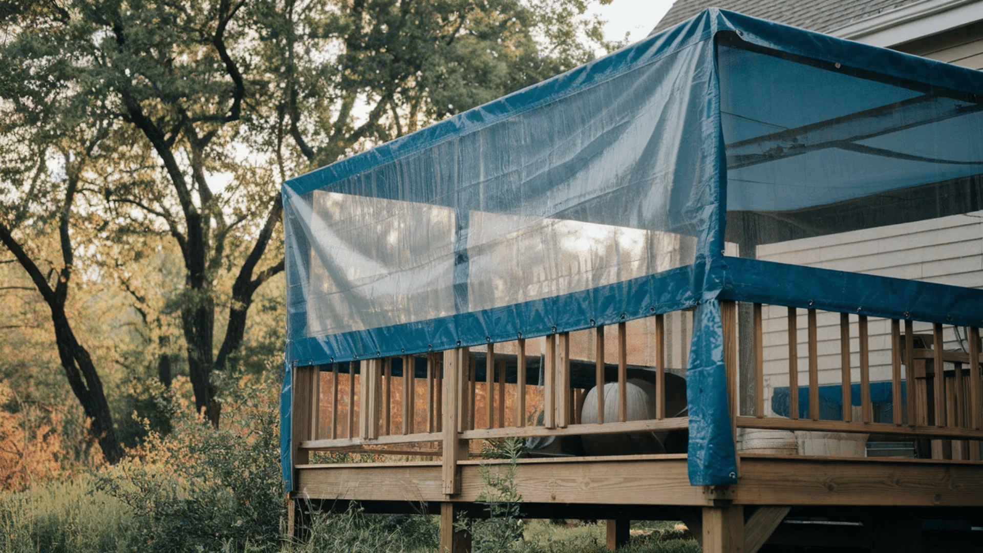 image shows a deck with clear plastic or mesh siding, providing protection from wind and rain while still allowing visibility to the outdoor space