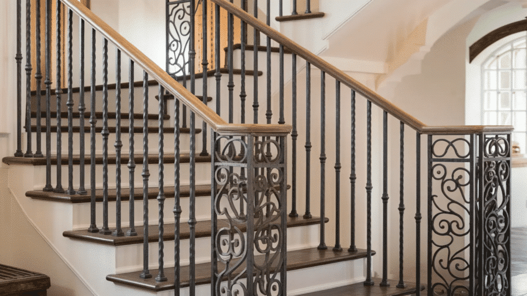 image shows a grand staircase with richly finished wood steps and intricately designed wrought iron railings