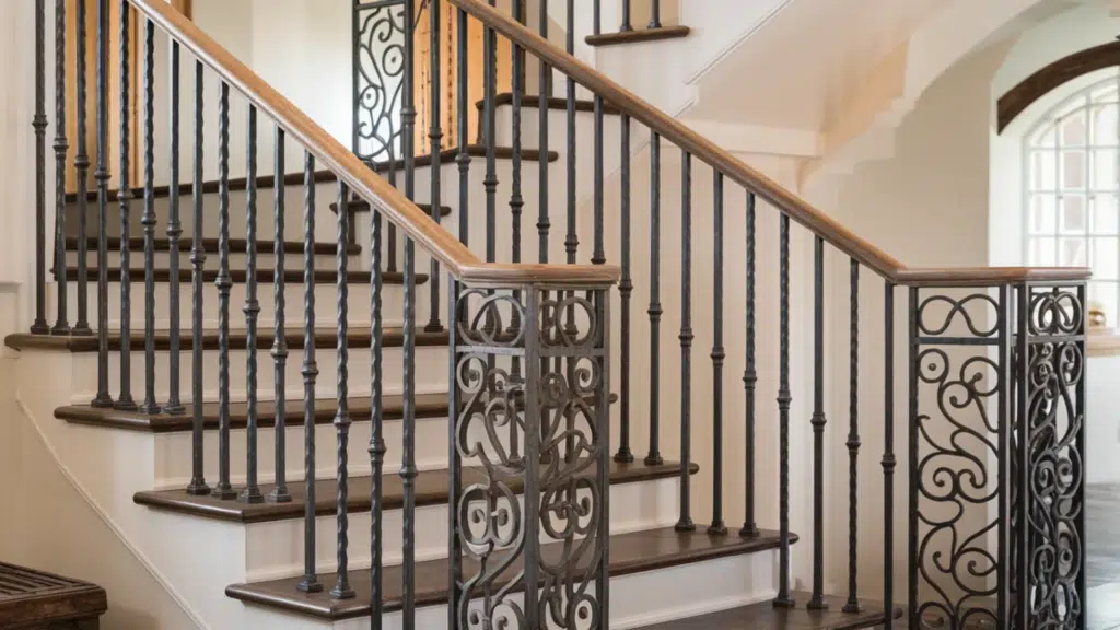 image shows a grand staircase with richly finished wood steps and intricately designed wrought iron railings