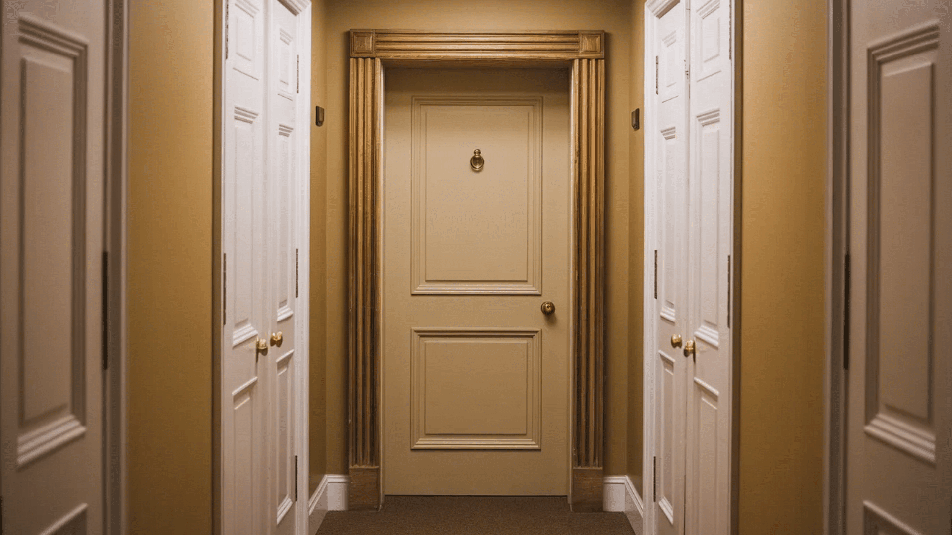 image shows a hallway with two white doors on either side and a tan-colored door at the end, featuring decorative columns around the frame. (1)