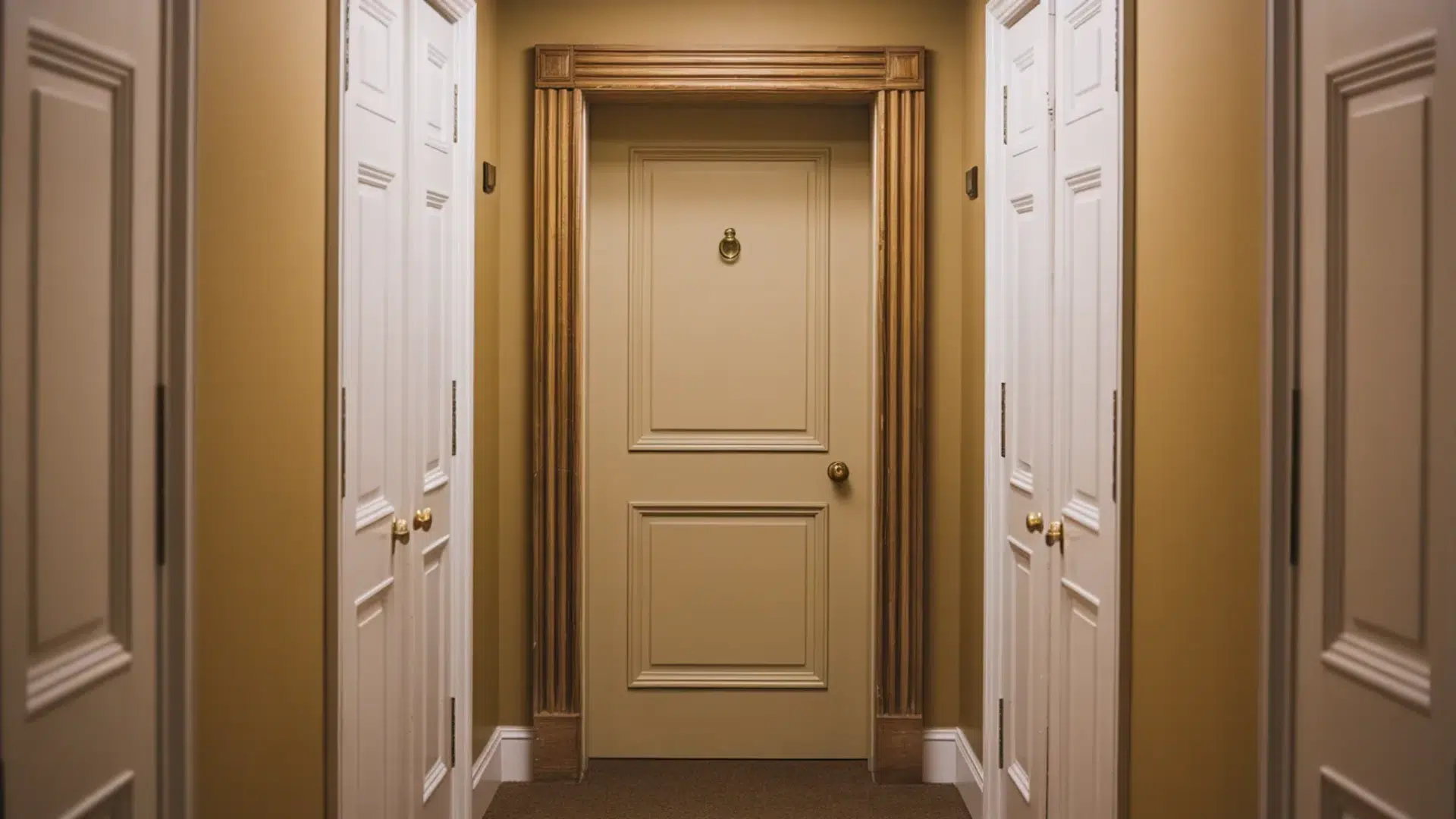 image shows a hallway with two white doors on either side and a tan-colored door at the end, featuring decorative columns around the frame. (1)
