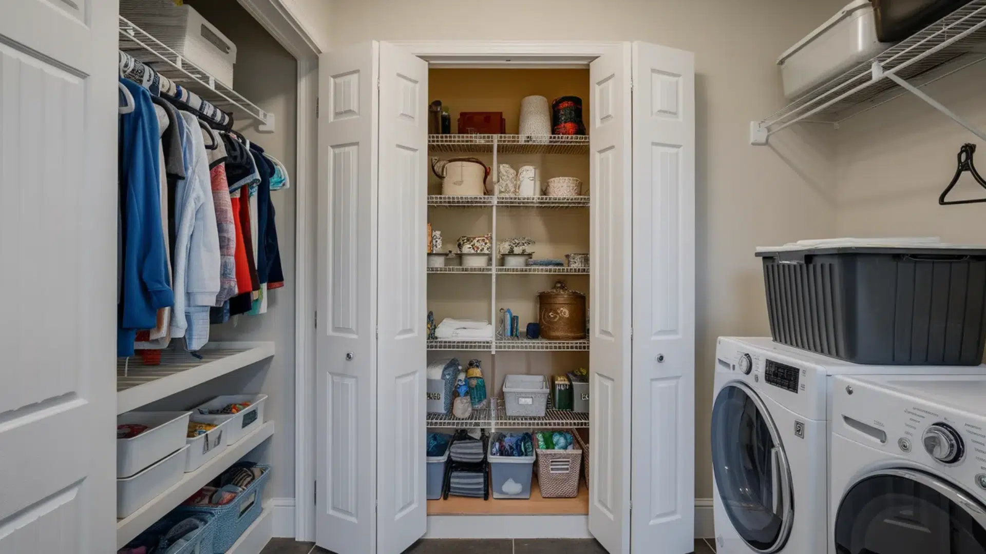 image shows a laundry room with white shelving units and hanging clothes. The space also has baskets, boxes, and various containers neatly stored on the shelves.