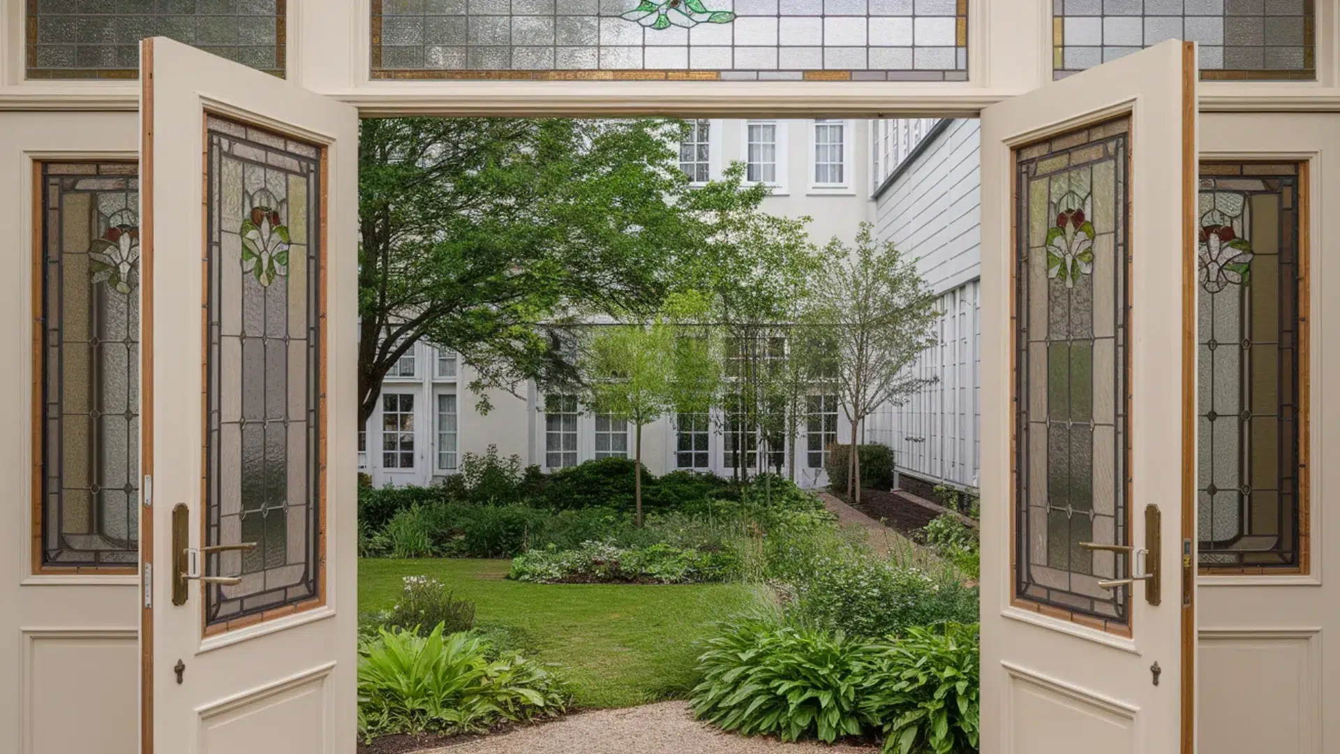 image shows a pair of cream-colored double doors with stained glass panels. The doors open to reveal a garden with trees and plants, framed by the glass. The view is peaceful, showcasing a well-ma (1)