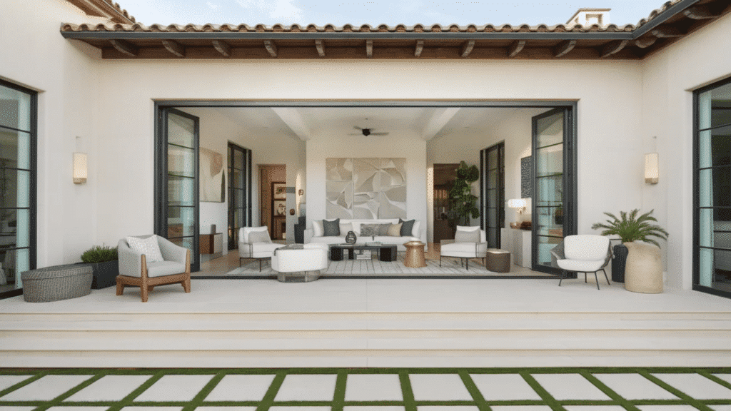 image shows a spacious, modern patio with a cozy seating area, opening seamlessly to the indoors, featuring minimalist design and clean lines.