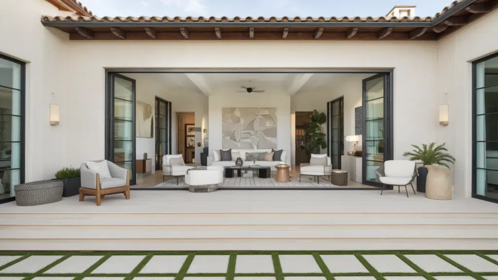 image shows a spacious, modern patio with a cozy seating area, opening seamlessly to the indoors, featuring minimalist design and clean lines.