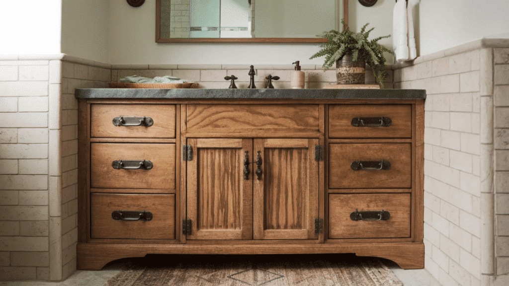 image shows a wooden bathroom vanity with a natural finish. The vanity is equipped with bronze handles, providing a rustic and vintage aesthetic.