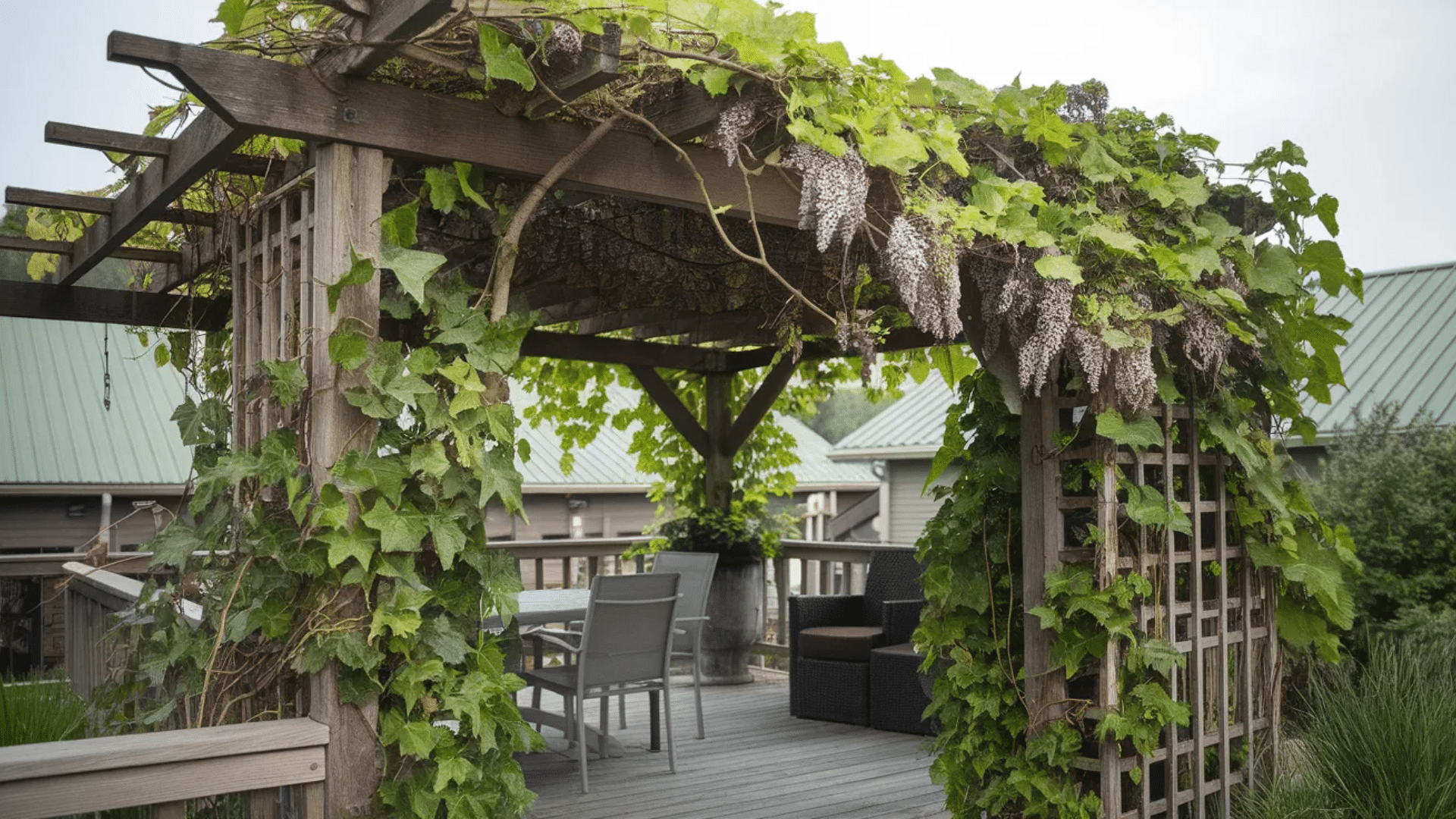 image shows a wooden pergola partially covered with lush green ivy and flowering vines. It creates a cozy outdoor sitting area with a table and chairs, surrounded by greenery and offering some nat