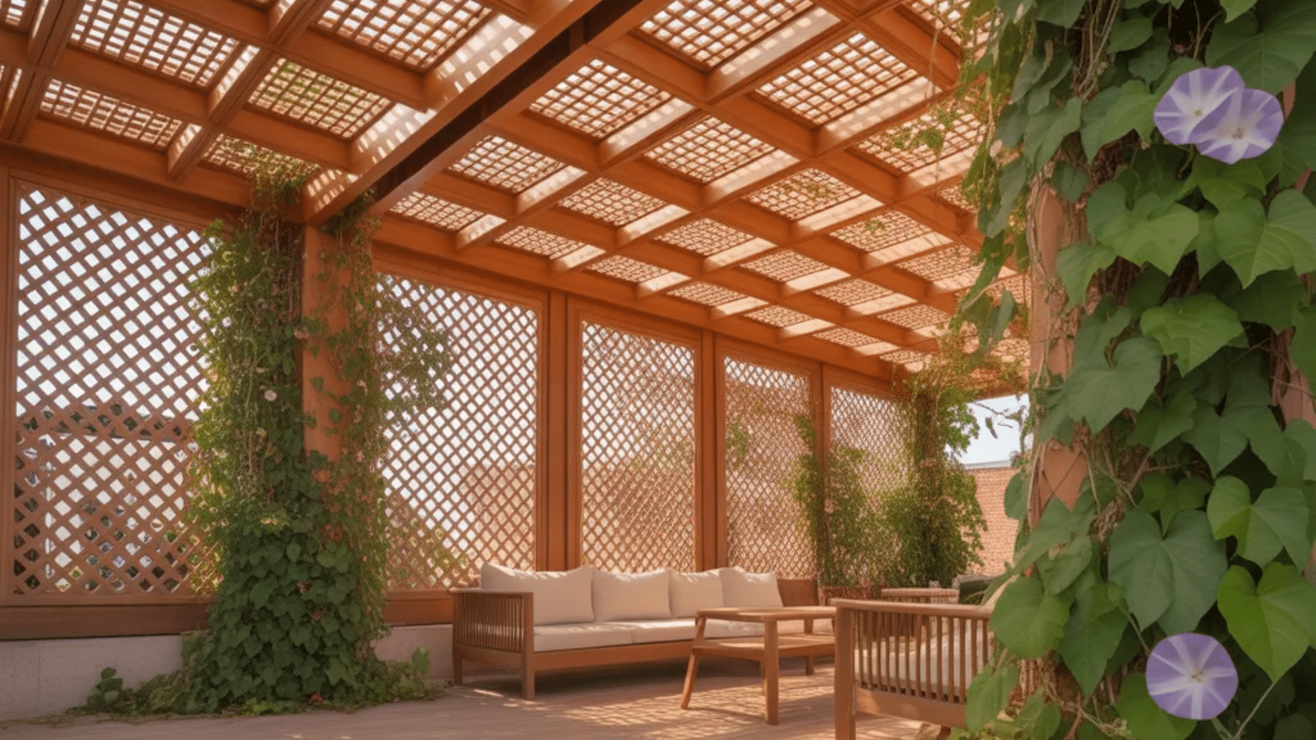 image shows a wooden structure with a lattice design on all sides, creating a shaded and semi-private outdoor space, typically used for relaxation or as a patio area