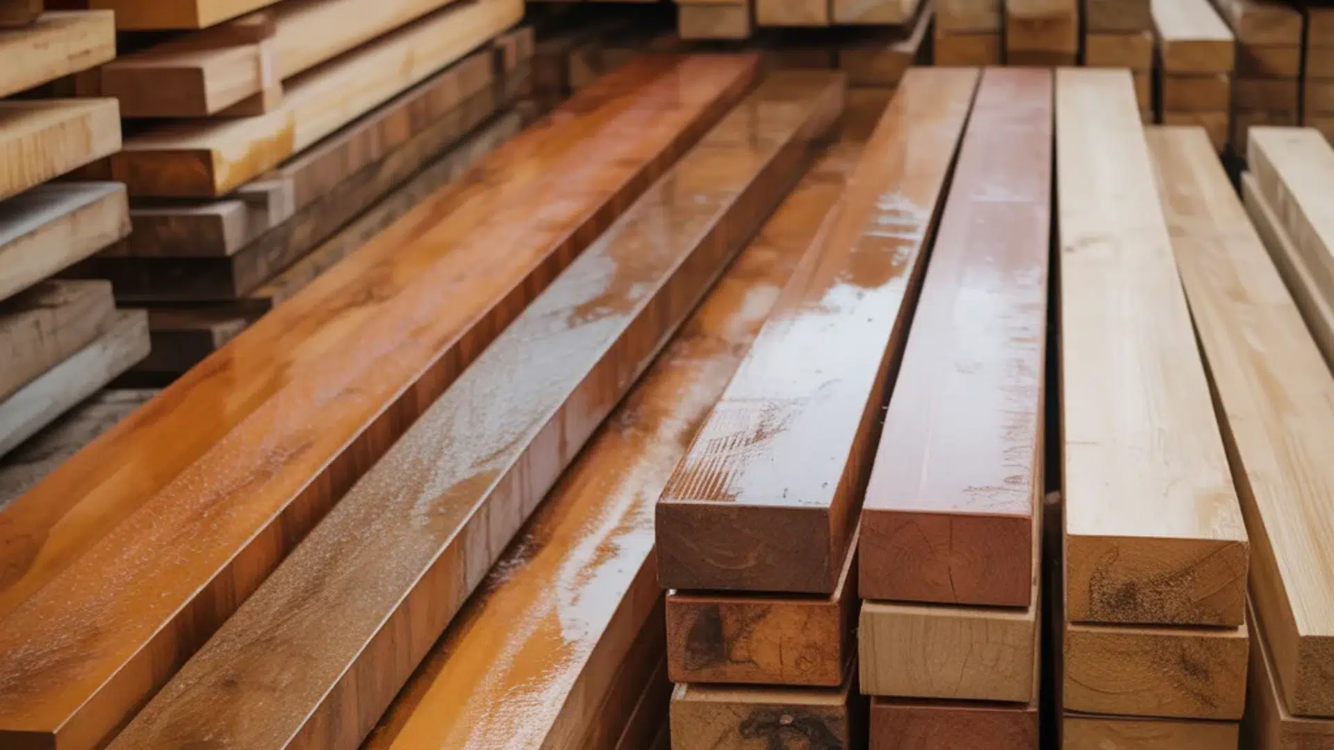 image shows neatly stacked wooden planks in a warehouse, showcasing various shades of wood, some darker and others lighter, possibly for woodworking or construction projects