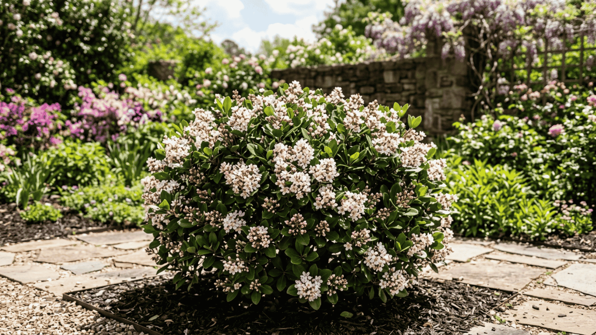 indian hawthorn shrub with small pink and white flower clusters above dark green foliage in a sunny spring garden