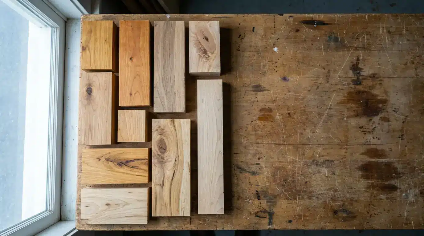 Blocks of wood arranged on a rustic wooden table by a window in natural light