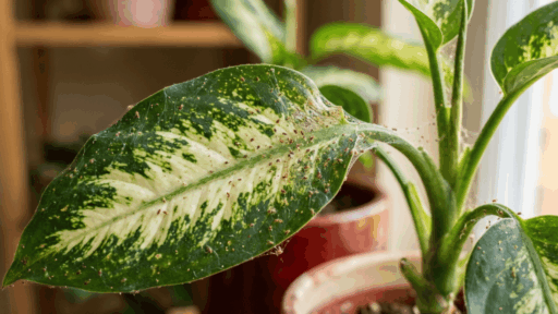 indoor plant leaf covered with spider mites, visible webbing and speckled damage on green leaf surface close up