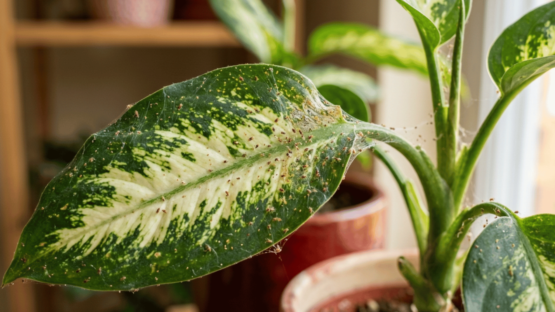 indoor plant leaf covered with spider mites, visible webbing and speckled damage on green leaf surface close up