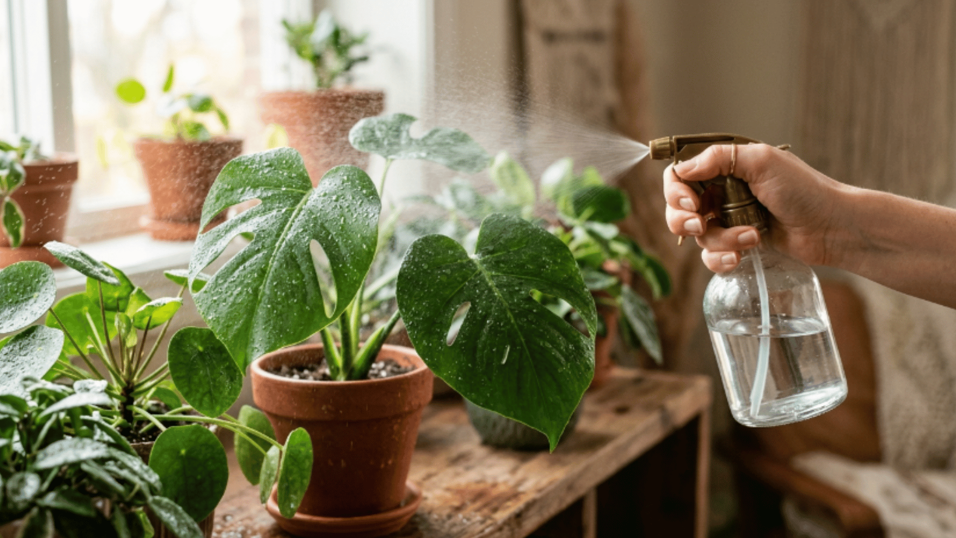indoor plants being misted with spray bottle hand visible and fine water droplets on leaves