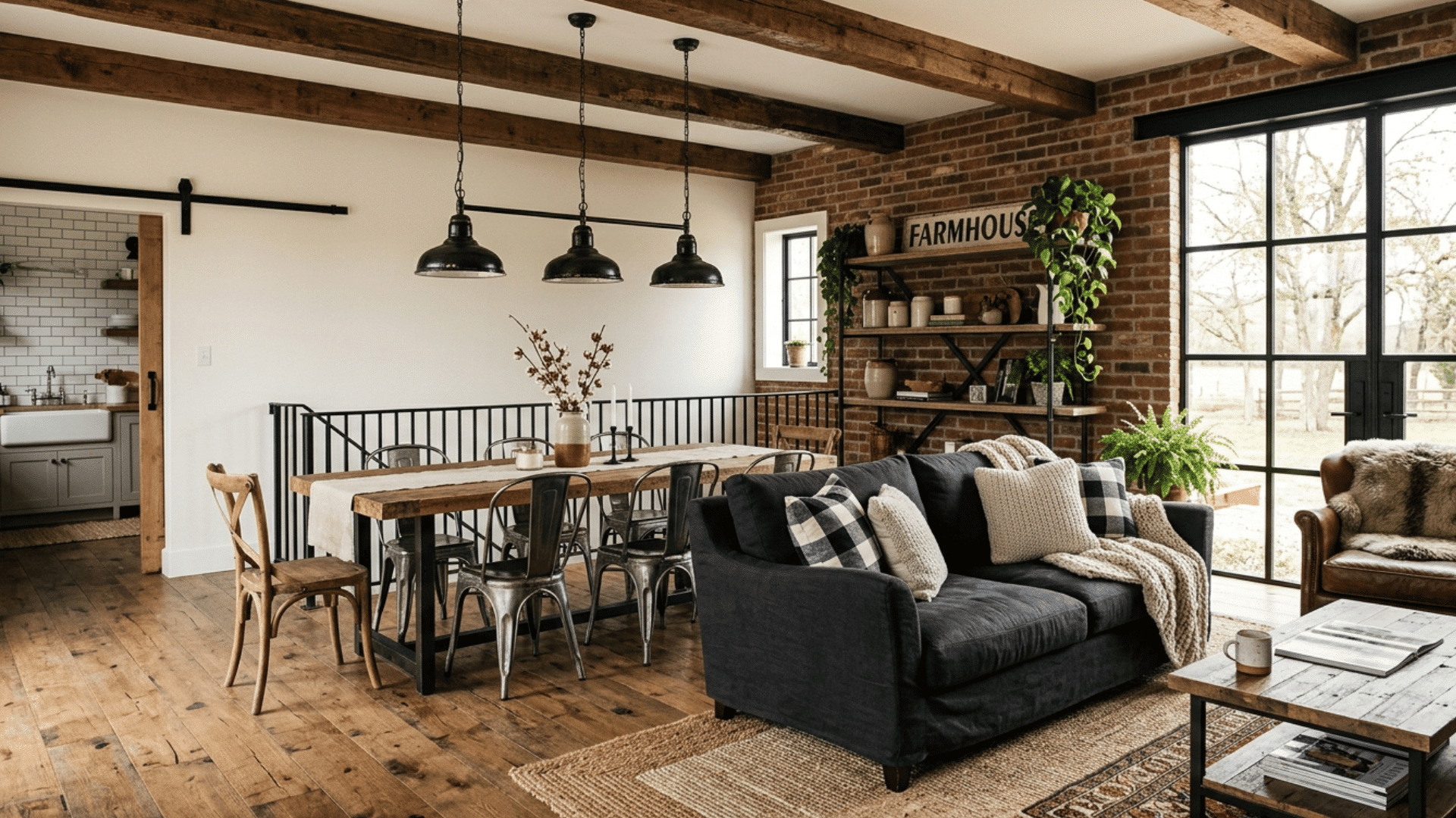 industrial farmhouse living room with brick walls, wood beams, metal lights, and rustic decor.