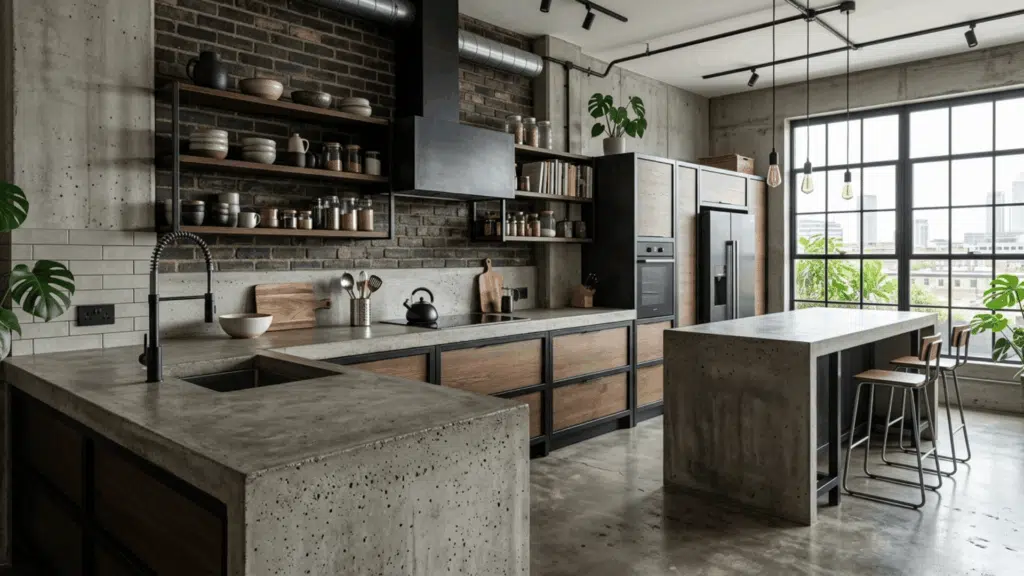 industrial kitchen with concrete countertops, matte texture, exposed brick, metal shelves, and modern urban design