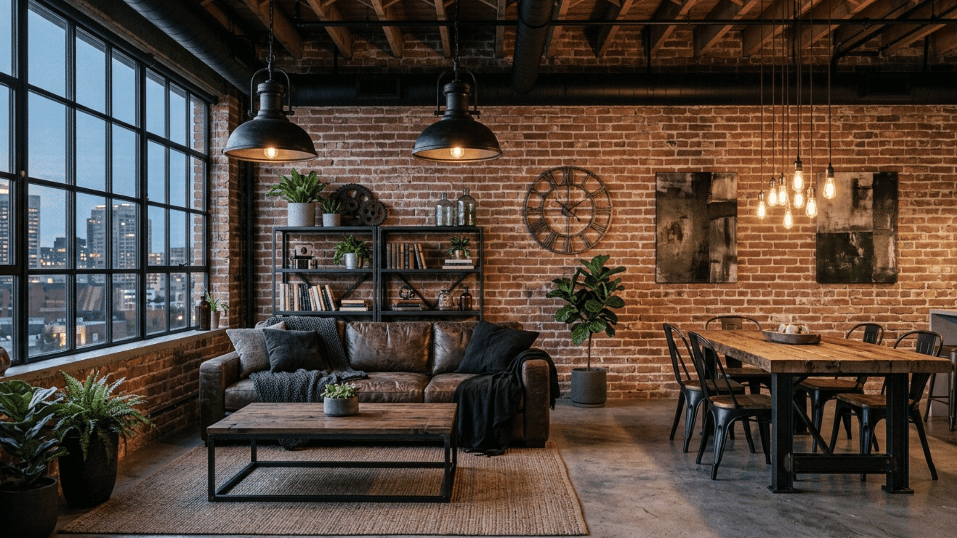 industrial loft living room with brick walls, leather sofa, metal lights, and large windows.