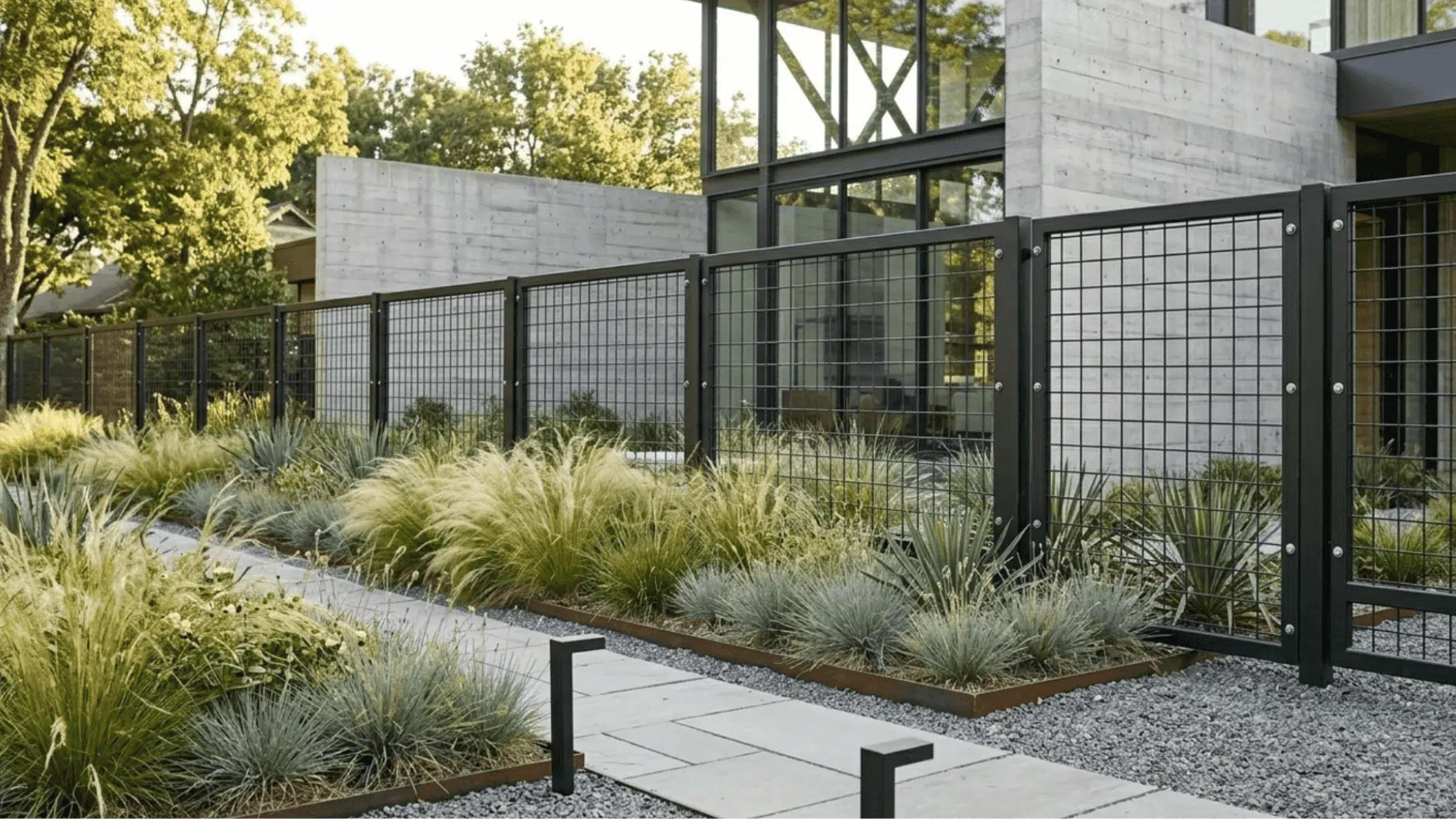 industrial steel hog wire fence with black metal posts in modern home yard