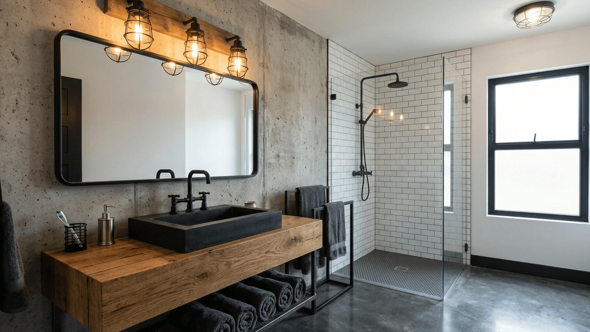 industrial style bathroom with metal fixtures and warm exposed bulb lighting.