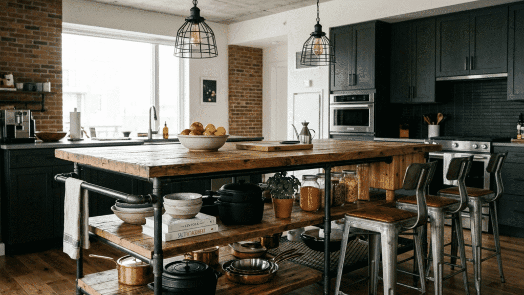 industrial style kitchen island with metal frame, wooden top, and bar stools.