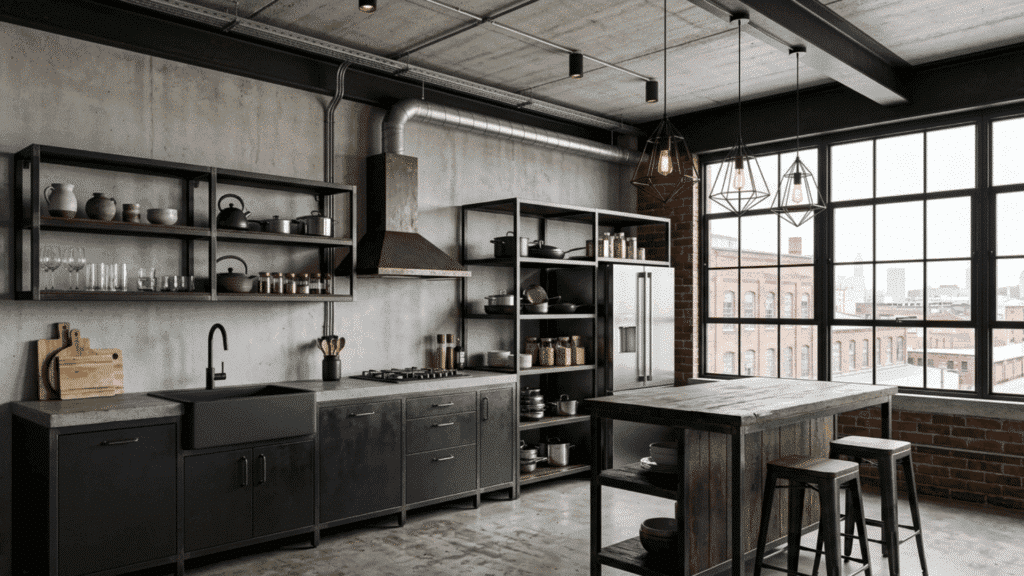 industrial style modular kitchen with metal finishes dark tones and bold modern design elements