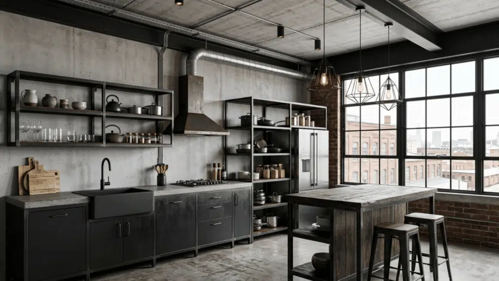 industrial style modular kitchen with metal finishes dark tones and bold modern design elements