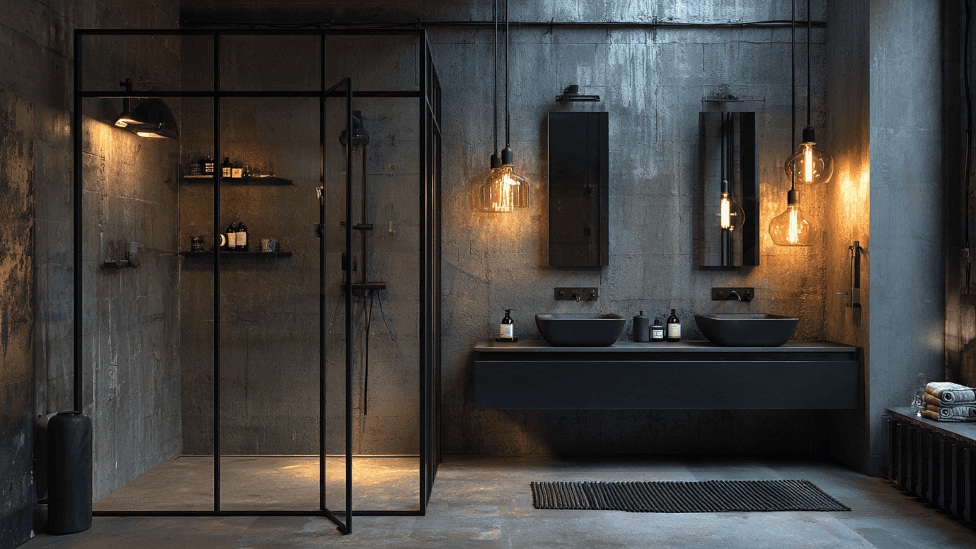 industrial style shower with black fixtures and concrete finish creating bold urban bathroom design