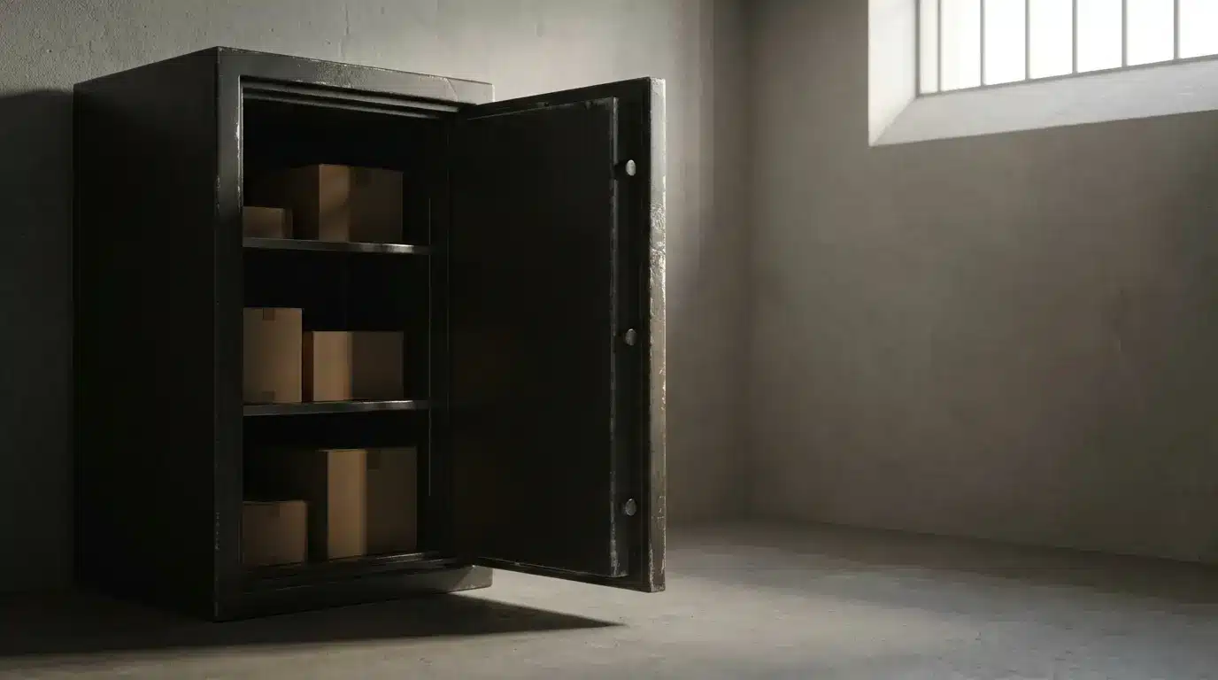 Open safe with cardboard boxes in dimly lit concrete room
