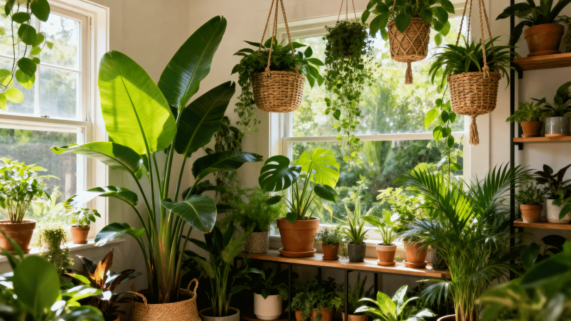 interior filled with plants in varied sizes, floor plants, hanging plants, lush green atmosphere, natural lighting